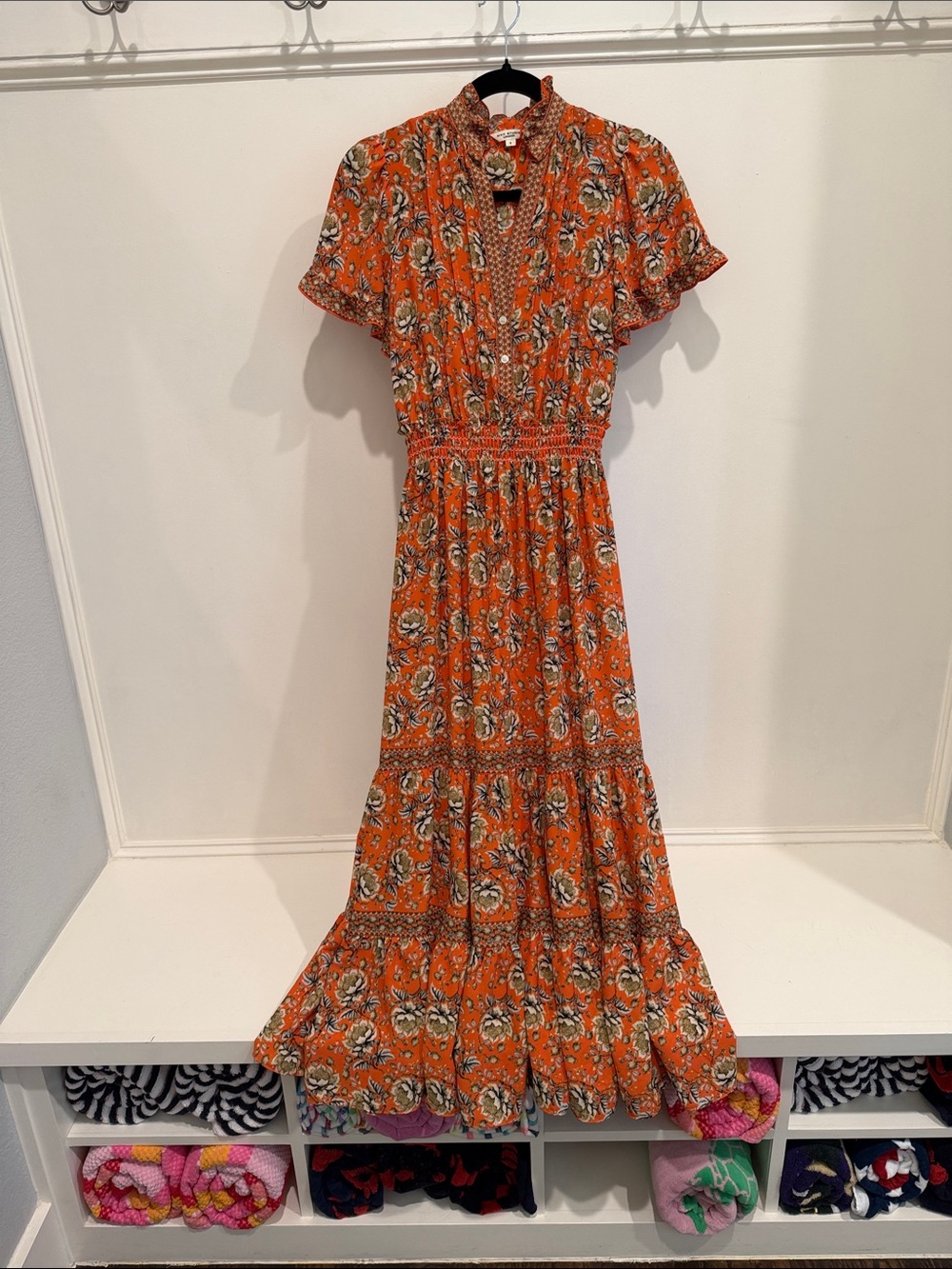 Max Studio Orange Floral Maxi Dress with Smocked Waist